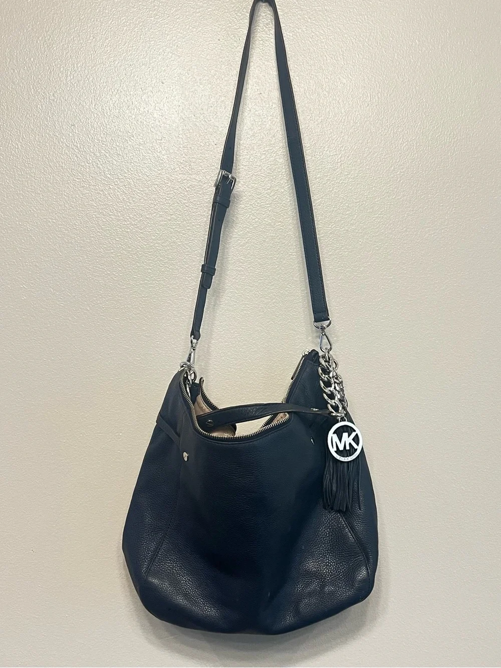 Michael Kors Blue Leather Shoulder Hobo with MK Charm Chain Detail
